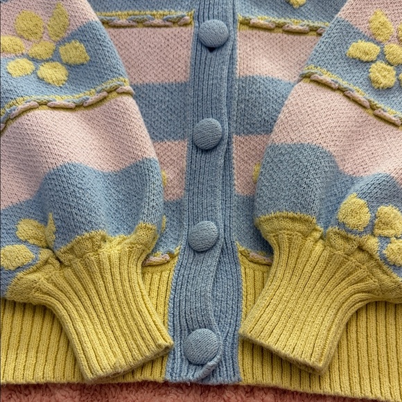 Zara Pastel Blue and Pink Cardigan with Yellow Floral Accents - Picture 9 of 13